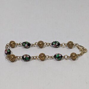 Cloisonne Filigree Gold Tone Beaded Link Bracelet Floral Cottagecore Farmhouse
